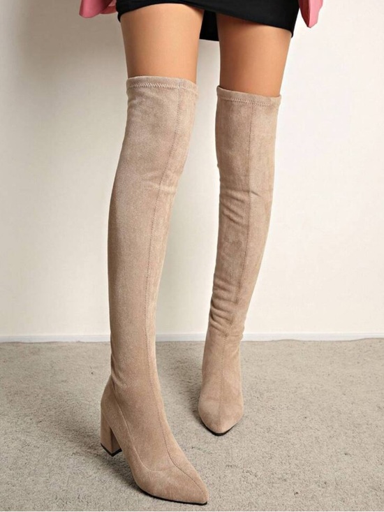 Shoes - Beige Over-The-Knee Suede Boots – Chunky Heel Thigh High Boots - 9.5